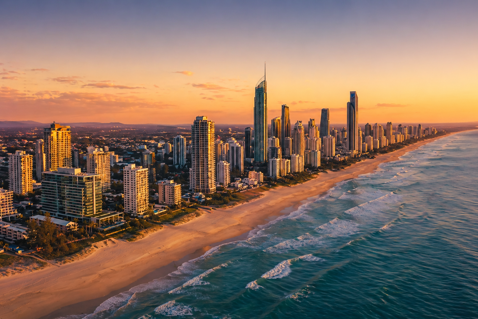 Gold Coast skyline at golden hour with coastline view